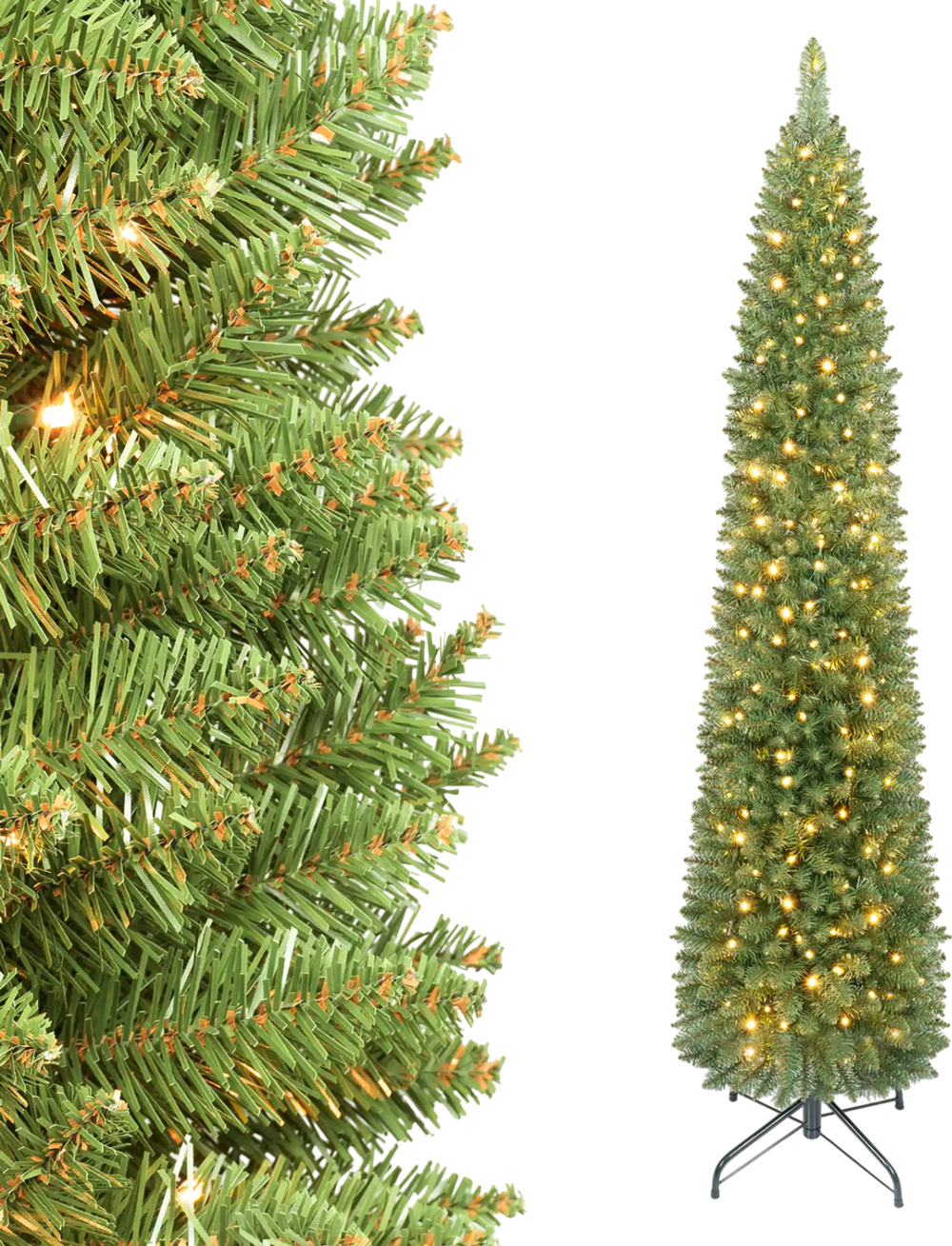Pre-lit 6 FT pencil Christmas tree with 180 warm white LED lights, featuring a narrow shape for space-saving holiday decor.