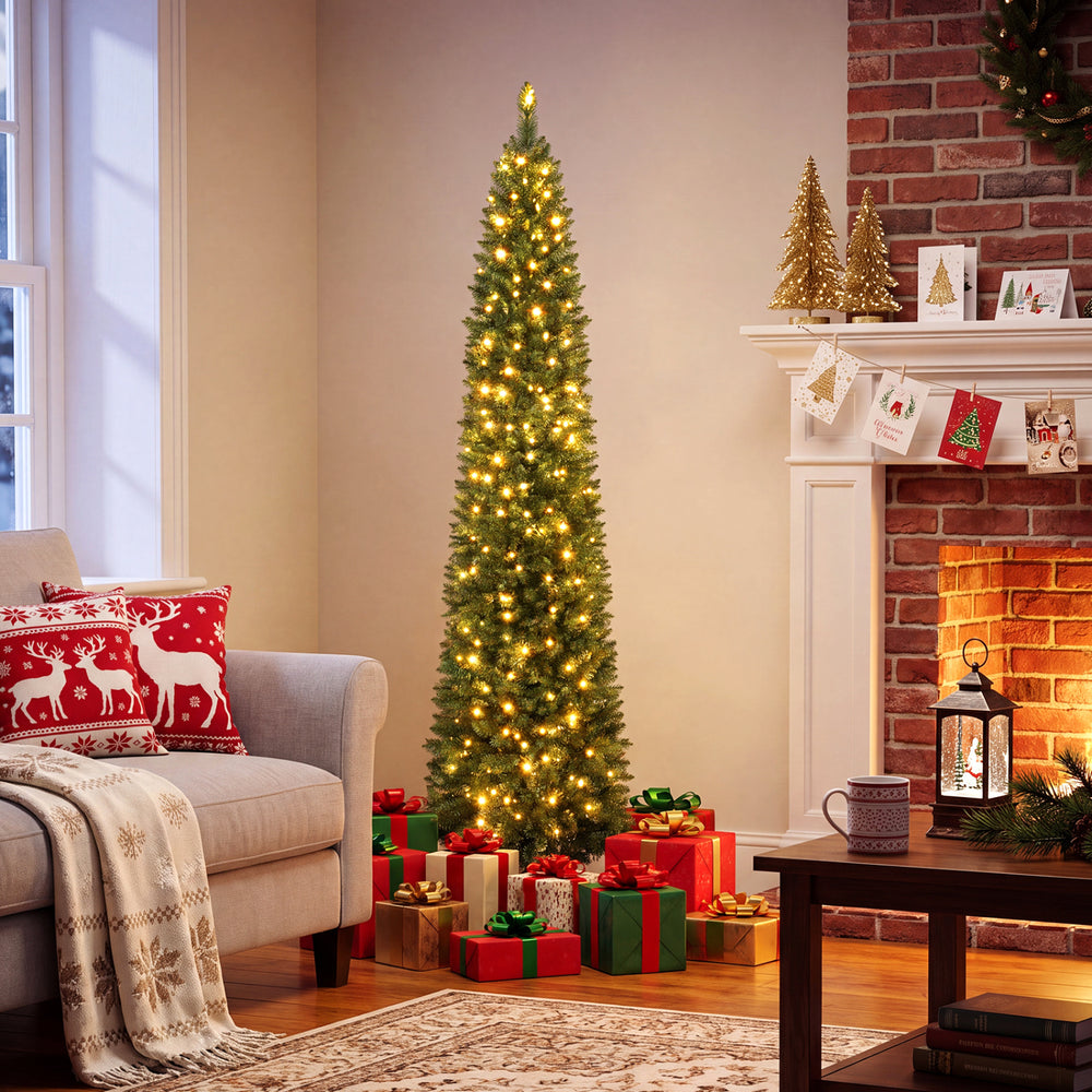 Pre-lit 6 FT pencil Christmas tree with 180 warm white LED lights, perfect for small spaces and festive holiday decor.