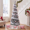 Snow-flocked 6 FT pre-lit Christmas tree adorned with pink ornaments and warm white LED lights for festive decoration.