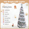 6 FT pre-lit Christmas tree featuring 150 warm white LED lights, snow-flocked leaves, and 8 lighting modes for festive decor.