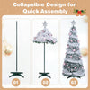 Collapsible 6 FT pre-lit Christmas tree with 150 warm white LED lights and pink ornaments for festive decoration.