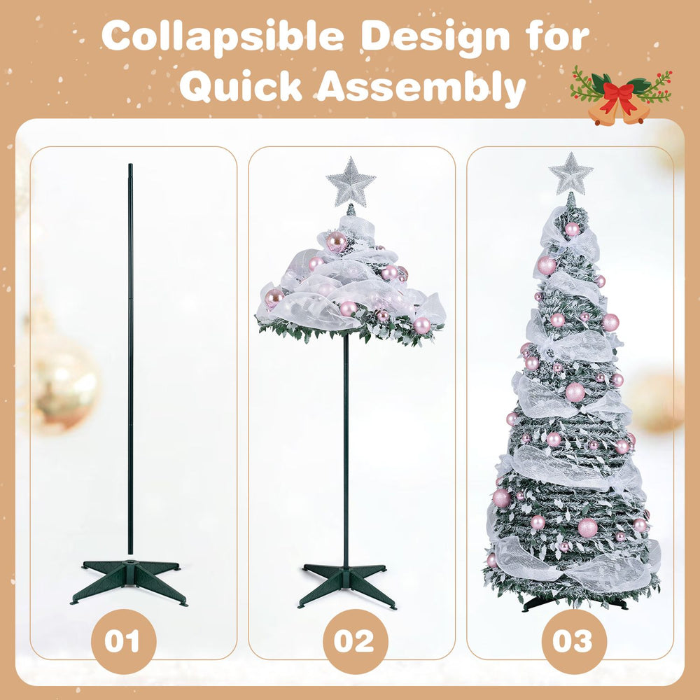 Collapsible 6 FT pre-lit Christmas tree with 150 warm white LED lights and pink ornaments for festive decoration.