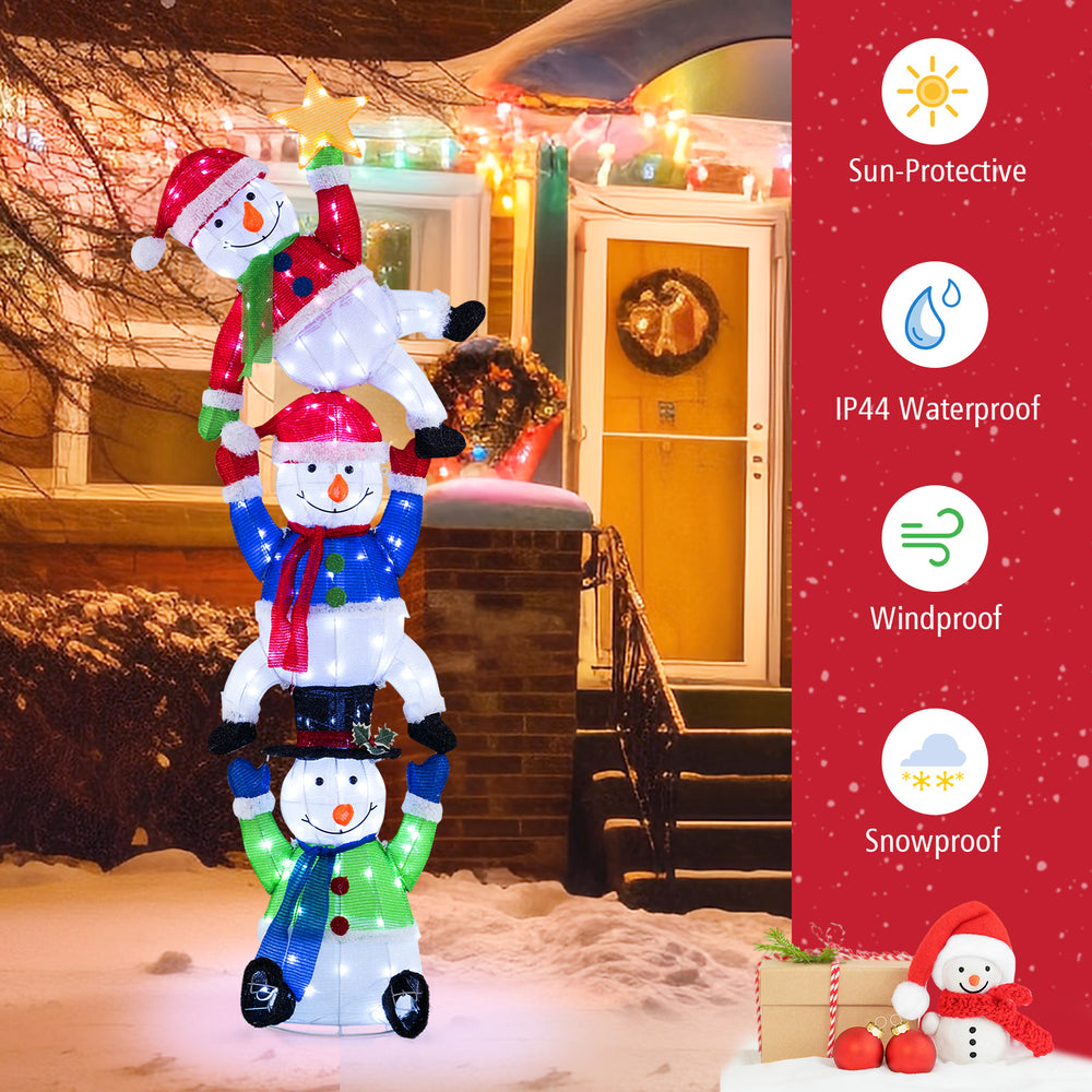 6 FT pre-lit stacked snowman set with 155 LED lights, waterproof design, perfect for Christmas yard decoration.