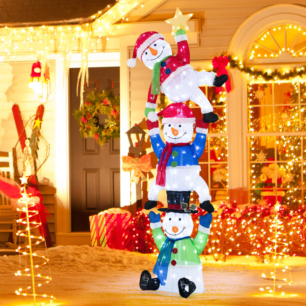 Pre-lit 6 FT stacked snowman set with 155 LED lights, perfect for creating a festive winter scene in your yard.