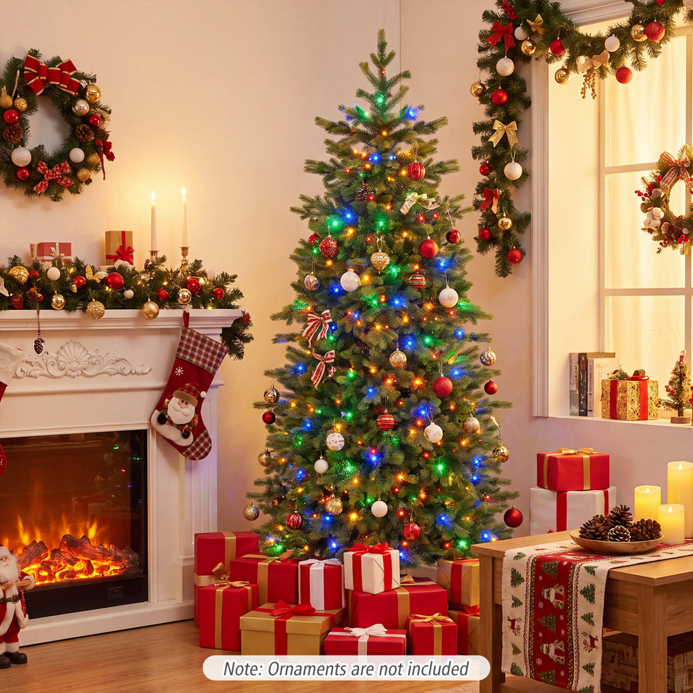 Pre-lit 6/7.5 FT artificial Christmas tree with 250/470 LED lights and 434/780 branch tips, perfect for holiday decor.