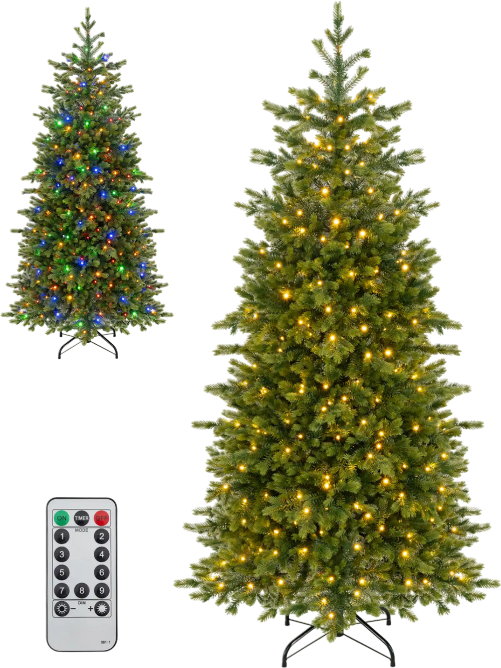 Pre-lit 6/7.5 FT artificial Christmas tree with 250/470 warm white and multi-color LED lights, perfect for holiday decor.