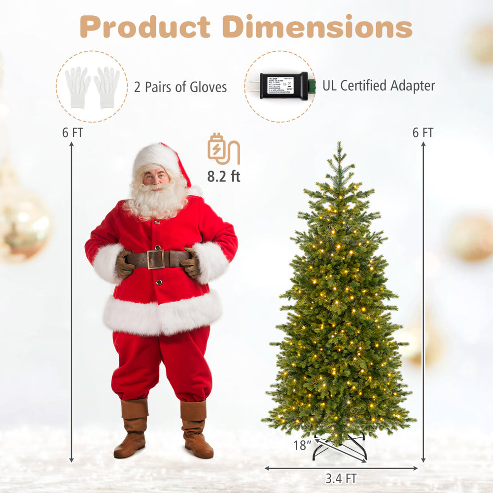 Pre-lit 6/7.5 FT artificial Christmas tree with 250/470 LED lights, 434/780 branch tips, and a foldable metal stand.