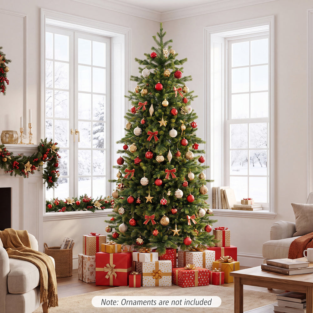 Pre-lit 6/7.5 FT artificial Christmas tree with 250/470 LED lights, featuring 434/780 branch tips for festive home decoration.