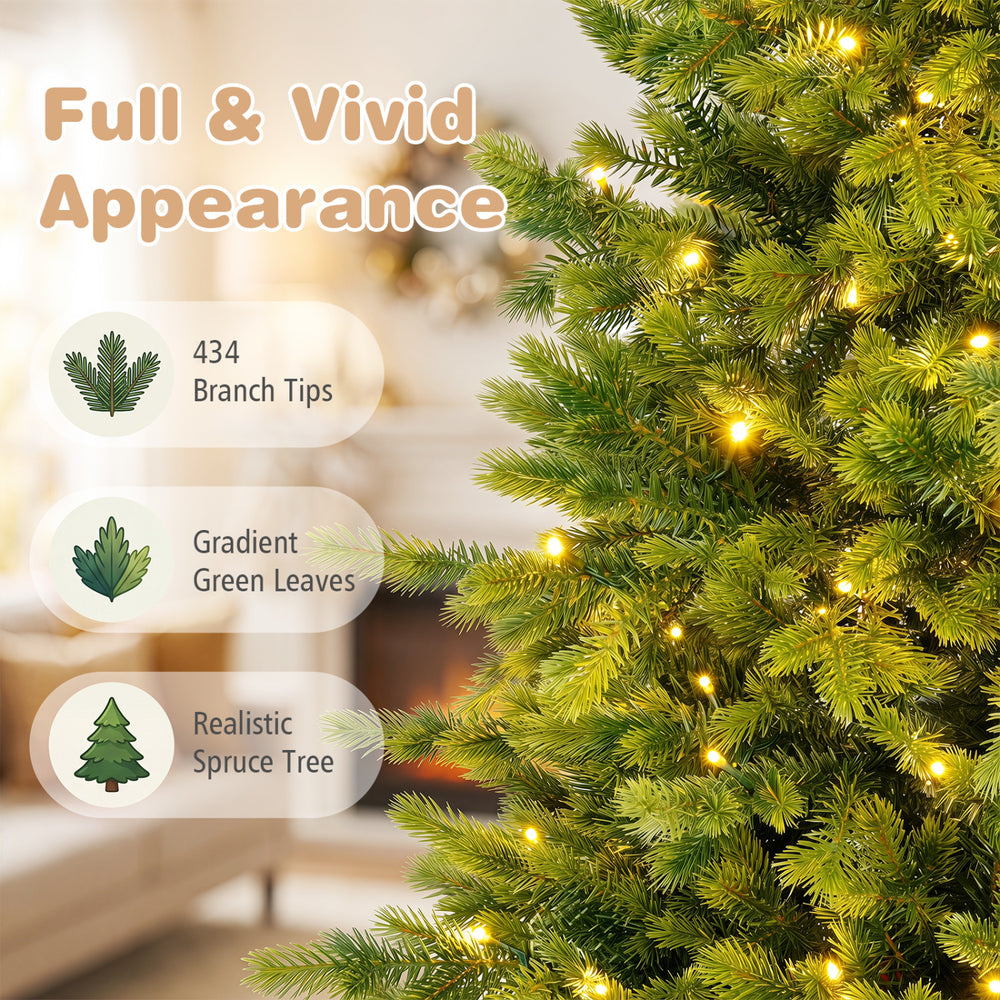 Full view of a 6/7.5 FT pre-lit artificial Christmas tree with 434 branch tips and warm white LED lights for festive decor.