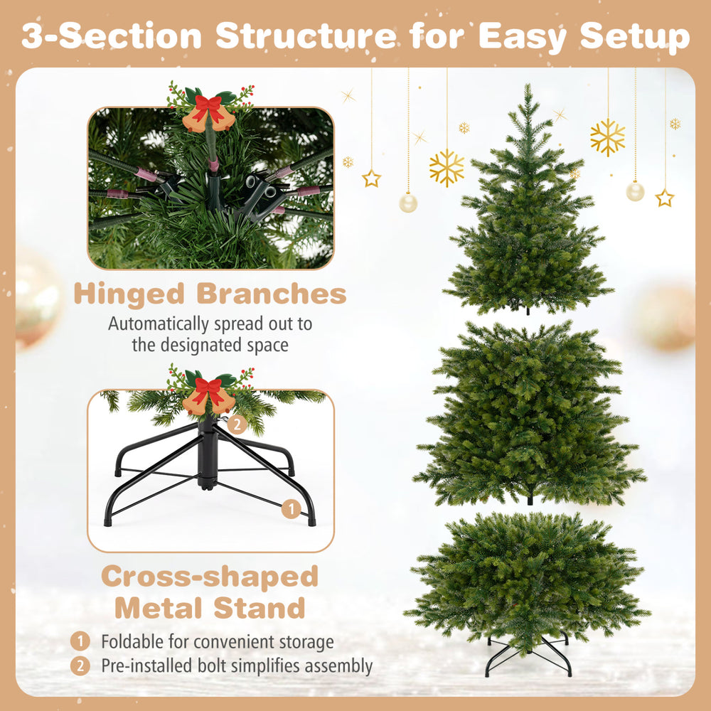 Pre-lit 6/7.5 FT artificial Christmas tree with 250/470 LED lights, hinged branches, and foldable metal stand for easy setup.