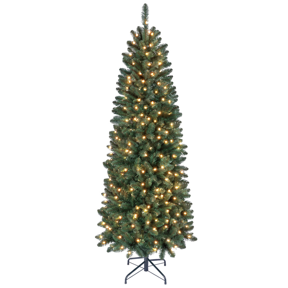 Pre-lit 7.5 FT hinged pencil Christmas tree with 350 color-changing RGB lights, ideal for holiday decoration.