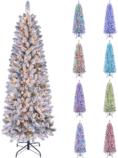 Costway Pre-lit Snow-Flocked Christmas Tree RGB Lights 6/7.5' 30223693 New
