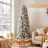 Snow-flocked 6 FT pre-lit Christmas tree features adjustable RGB lights and a slim design for easy corner placement.
