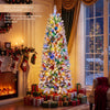 Snow-flocked 6 FT pre-lit Christmas tree with RGB lights, featuring adjustable brightness and remote control for festive decor.