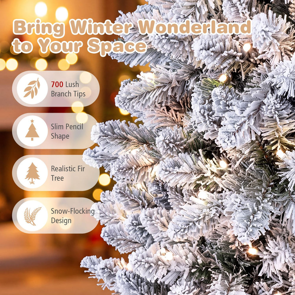 Snow-flocked 6 FT pre-lit Christmas tree with 700 branch tips and RGB lights, perfect for creating a winter wonderland.