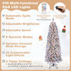 6 FT pre-lit snow-flocked Christmas tree with RGB lights, adjustable brightness, and wireless remote control for festive decor.