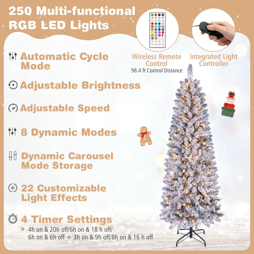6 FT pre-lit snow-flocked Christmas tree with RGB lights, adjustable brightness, and wireless remote control for festive decor.