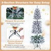 6 FT pre-lit snow-flocked Christmas tree with RGB lights features a slim design, hinged branches, and a foldable metal stand.