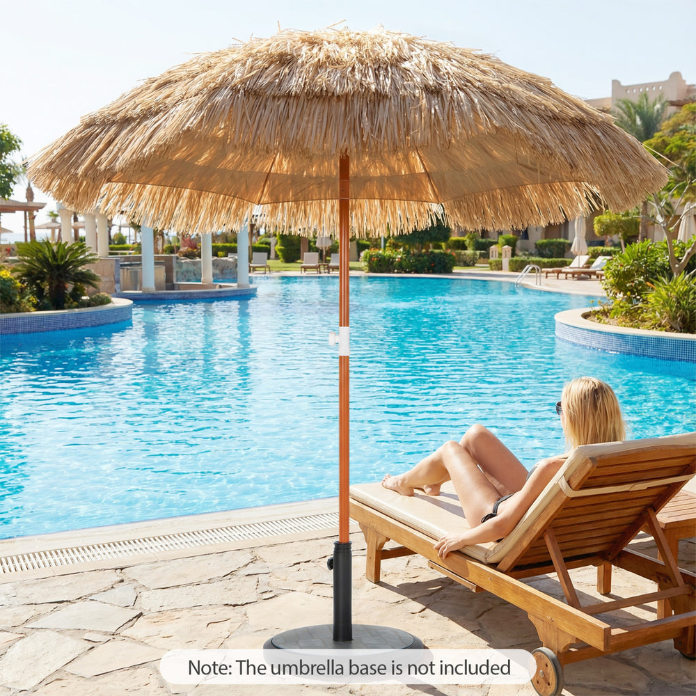Thatched beach umbrella with push button tilt, 6 ft, natural color, ideal for sun protection by the pool or garden.