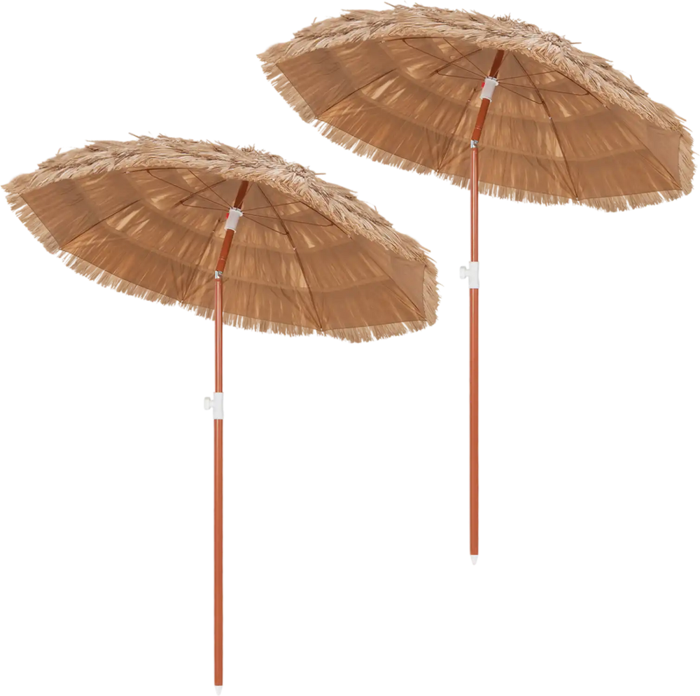 Set of 2 natural 6 FT thatched beach umbrellas with tilt adjustment, perfect for beach or garden use.