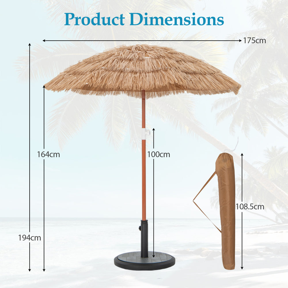 6 FT thatched beach umbrella with dimensions, featuring a push button tilt and carrying bag, ideal for outdoor use.