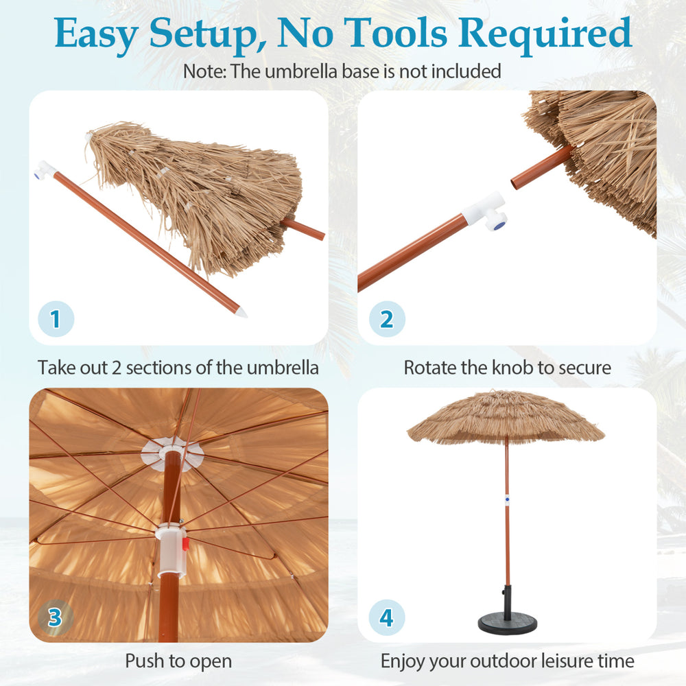 6 FT thatched beach umbrella showing easy setup steps with push button tilt for sun protection at the beach or garden.