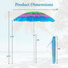 Colorful 6 FT tiki thatched patio beach umbrella with dimensions, featuring a push button tilt for sun protection.