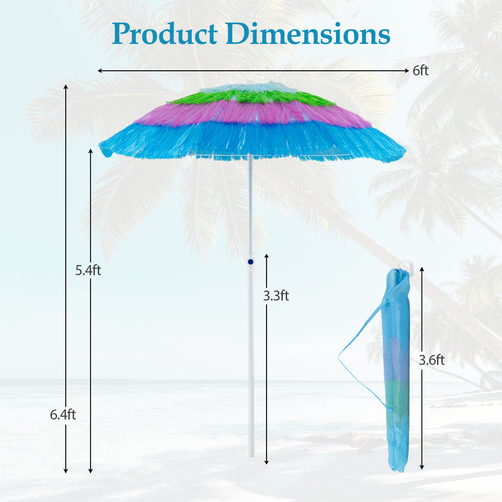 Colorful 6 FT tiki thatched patio beach umbrella with dimensions, featuring a push button tilt for sun protection.