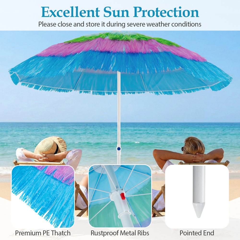 Colorful 6 FT tiki thatched patio beach umbrella with tilt adjustment, featuring premium PE thatch for sun protection.