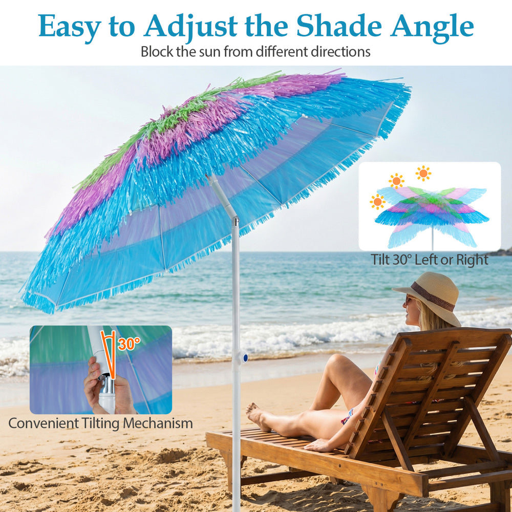 Colorful 6 FT tiki thatched patio beach umbrella with 40° tilt adjustment, perfect for sun protection at the beach.