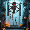6-foot animated skeleton decoration with a weathered bone texture, glowing red eyes, and creepy sounds for Halloween.