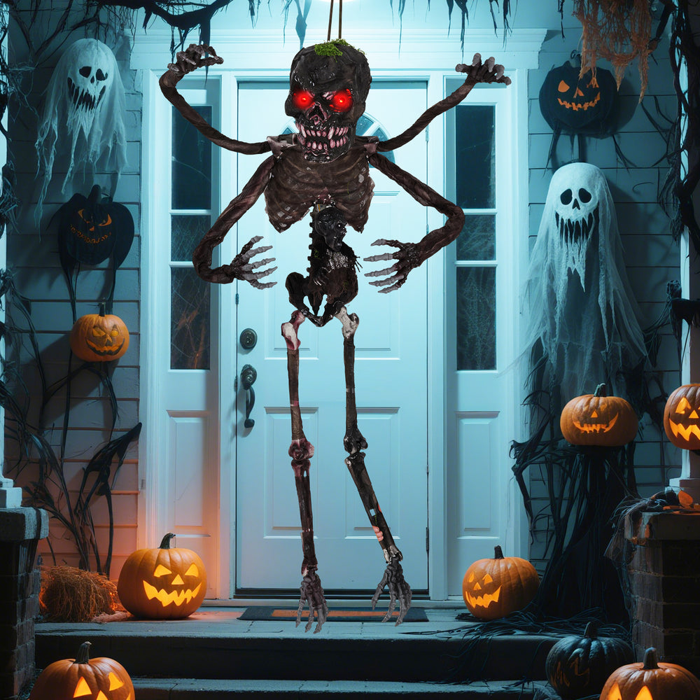 6-foot animated skeleton decoration with a weathered bone texture, glowing red eyes, and creepy sounds for Halloween.