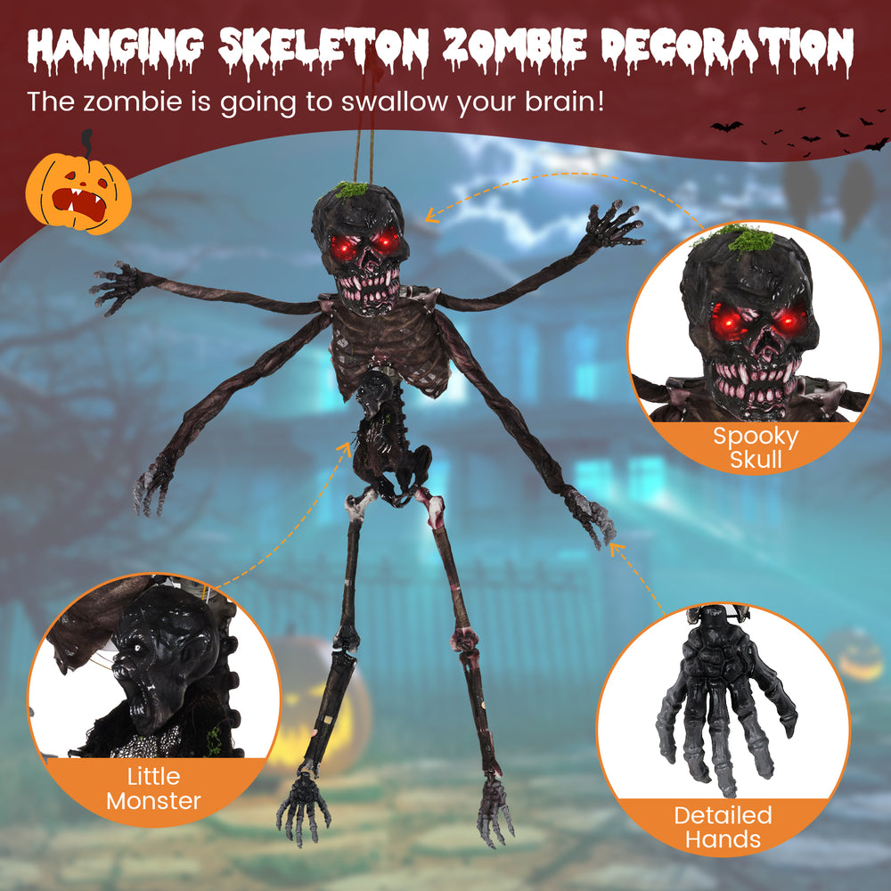 6-foot animated skeleton decoration with red LED eyes, spooky sounds, and adjustable arms for Halloween fright.