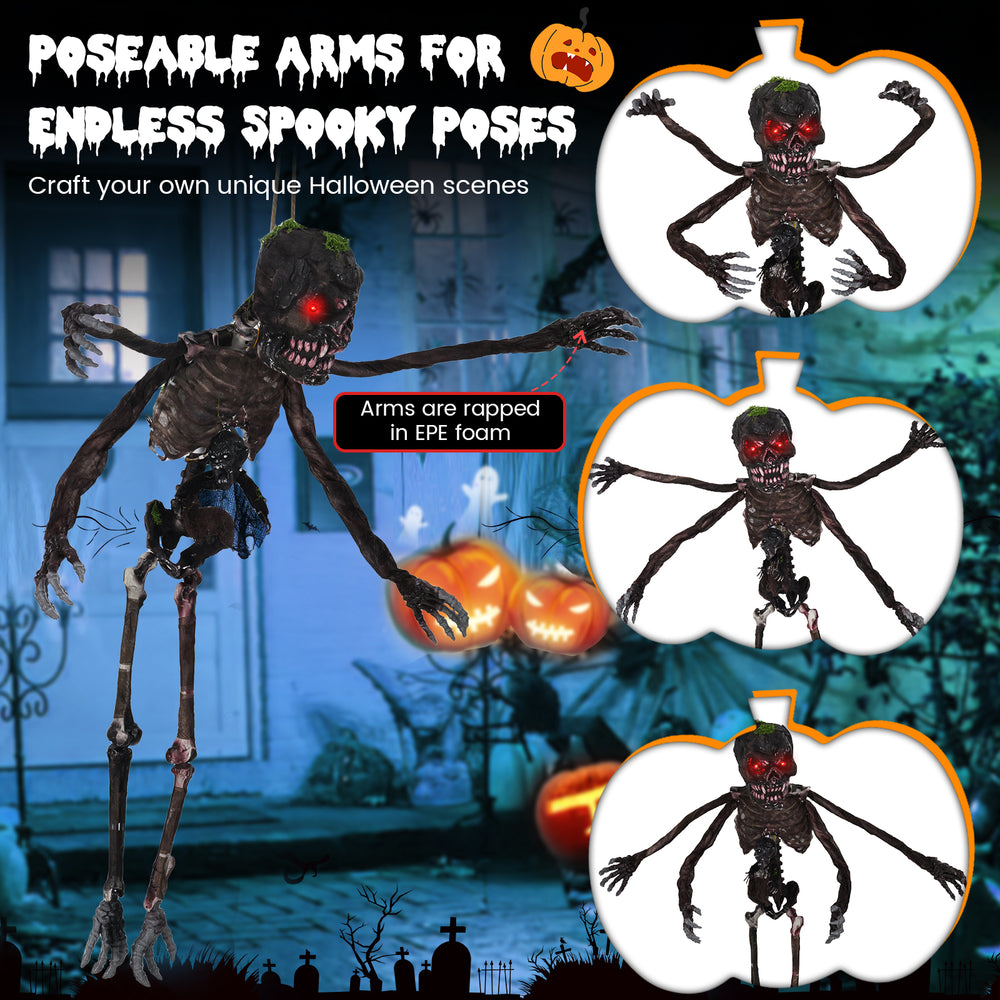 6-foot animated skeleton decoration with glowing red eyes, adjustable arms, and spooky sounds for Halloween displays.