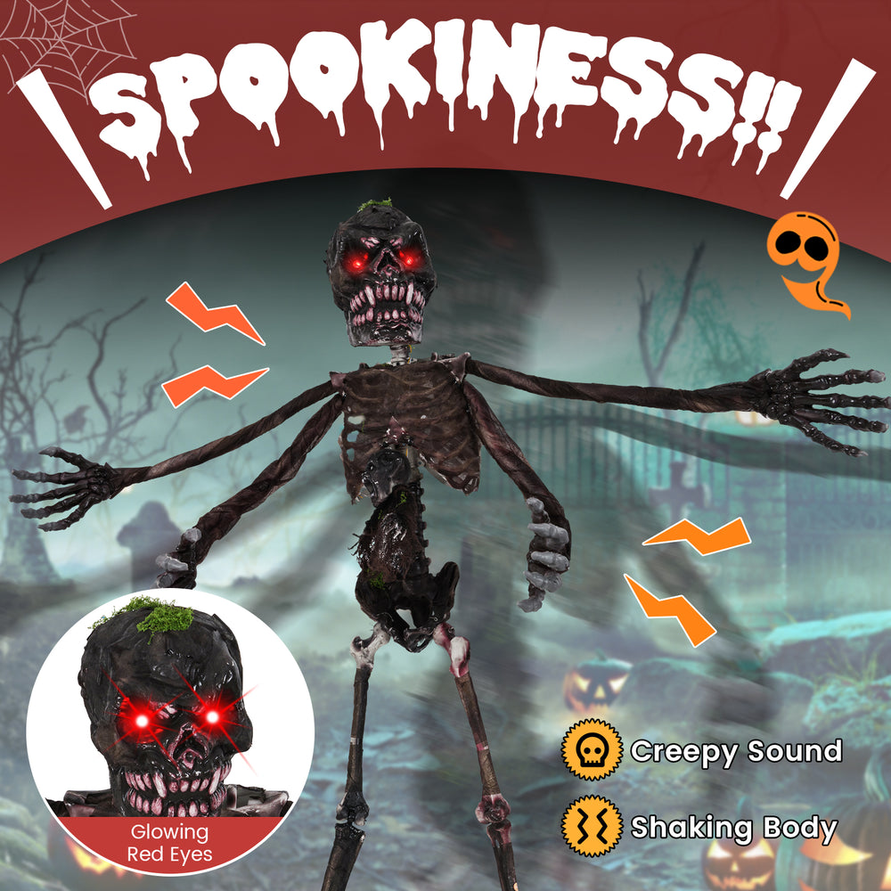 6-foot animated skeleton decoration with glowing red eyes, spooky sounds, and adjustable arms for Halloween fright.