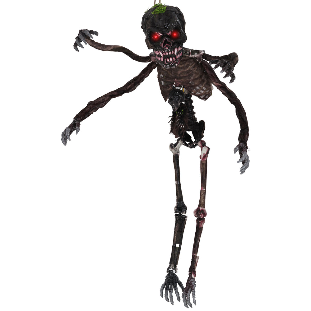 6-foot animated skeleton decoration with 4 arms, glowing red eyes, and spooky sounds for Halloween fright.