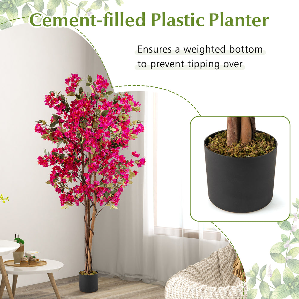 6 feet artificial bougainvillea tree with 910 flowers in a cement-filled plastic planter for stable indoor decor.