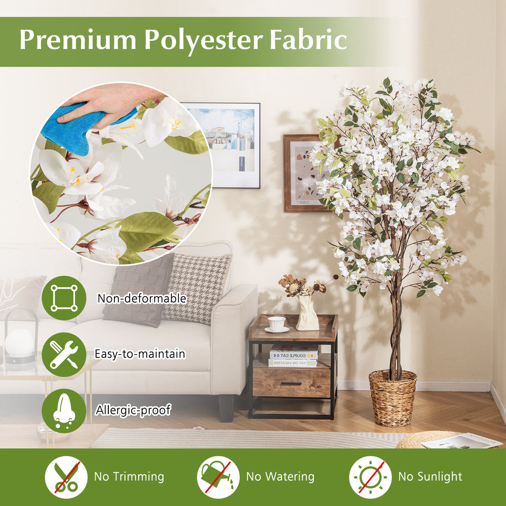 6 feet artificial bougainvillea tree with 910 white flowers and natural wood trunk, perfect for easy maintenance decor.