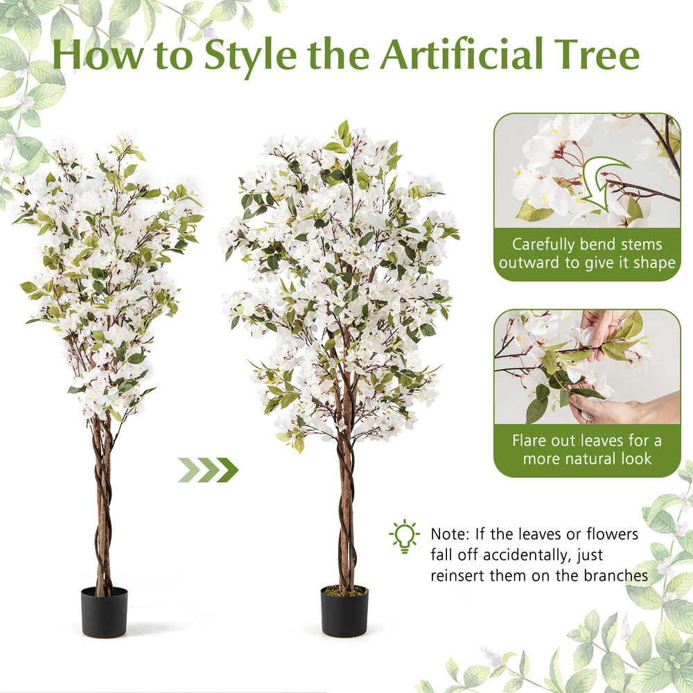 6 feet artificial bougainvillea tree with 910 white flowers and realistic leaves in a cement-filled planter for vibrant.