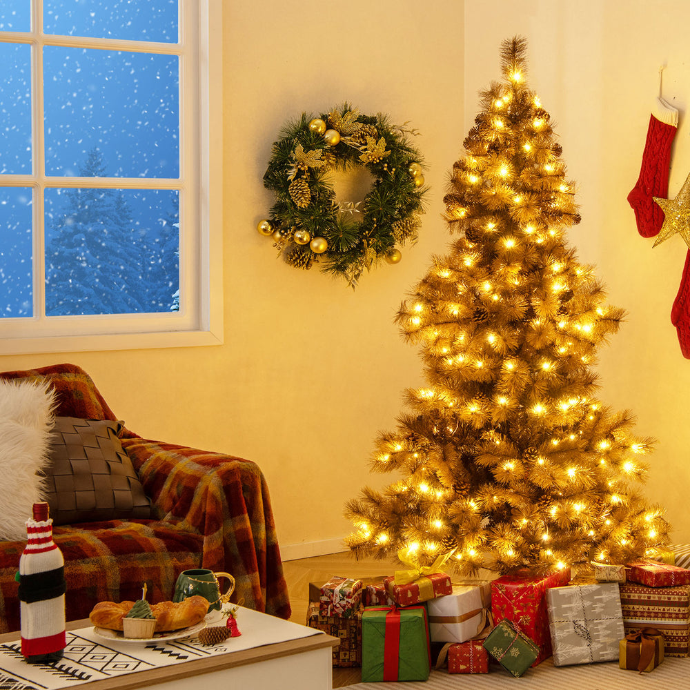 6 feet artificial Christmas tree with 493 branch tips and 200 warm white LED lights, perfect for festive home.
