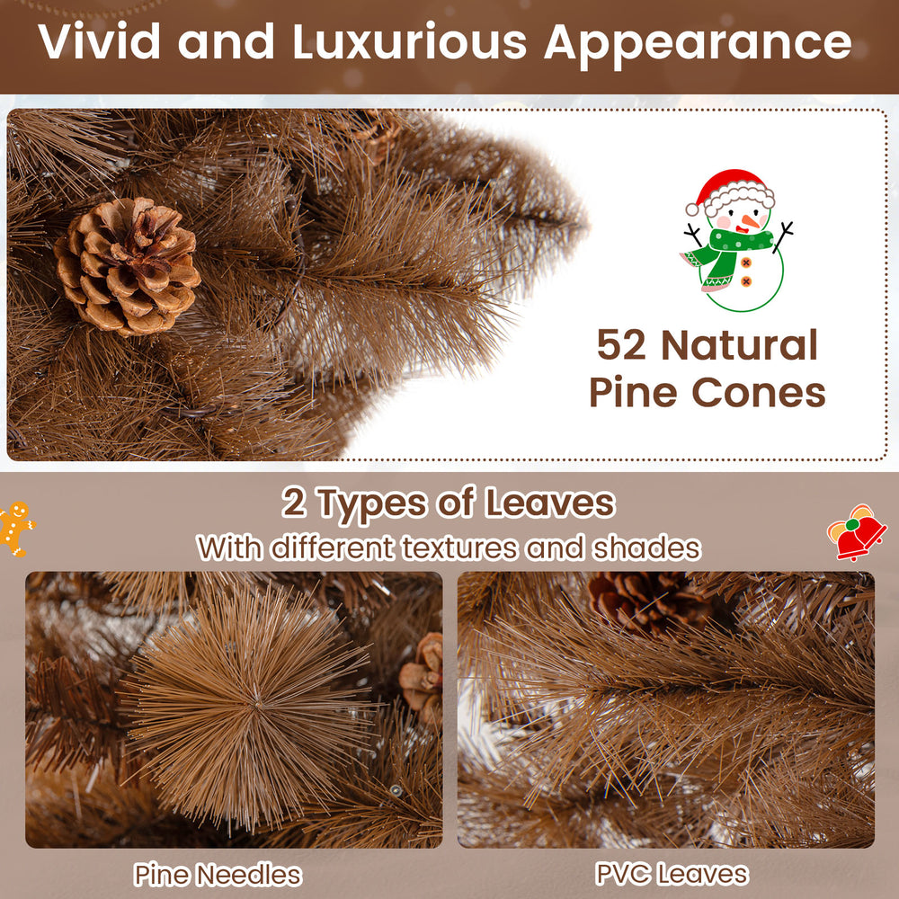 Close-up of the 6 feet artificial Christmas tree showcasing 52 natural pine cones and realistic PVC leaves for a.