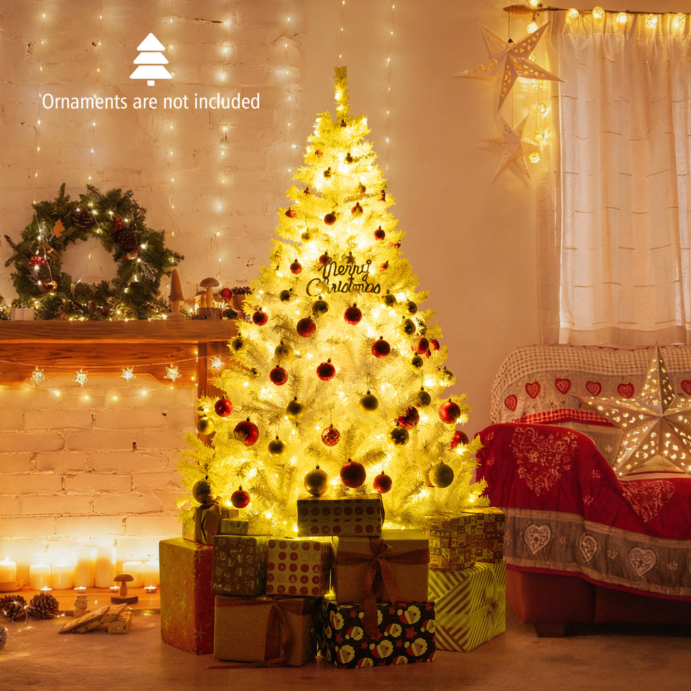 6 feet pre-lit artificial Christmas tree with 1346 branch tips, showcasing a vibrant holiday atmosphere with LED lights.