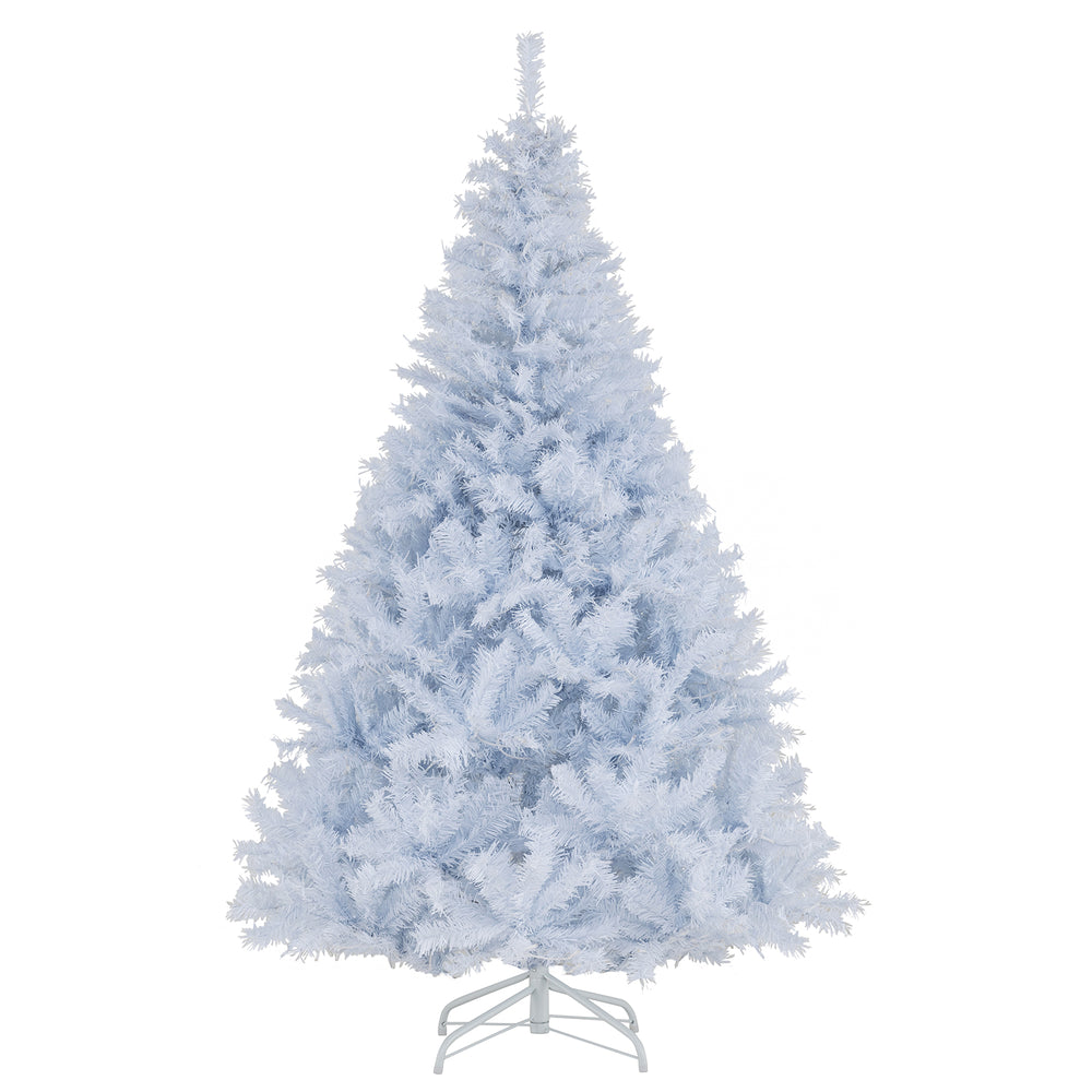 6-foot all-white artificial Christmas tree with hinged branches and 280 LED lights, perfect for elegant holiday decor.