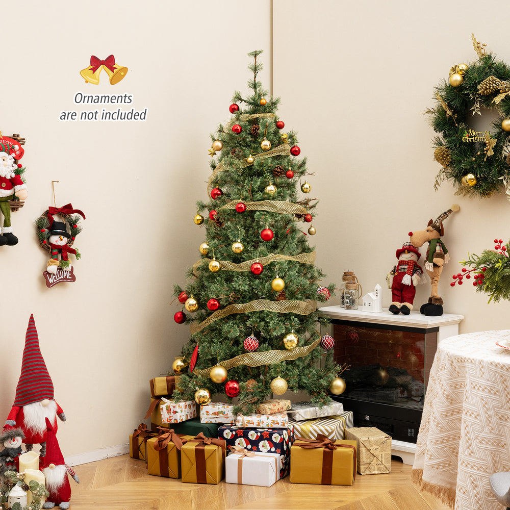 6 feet pre-lit artificial Christmas tree with warm white LED lights and natural pine cones, perfect for festive decor.