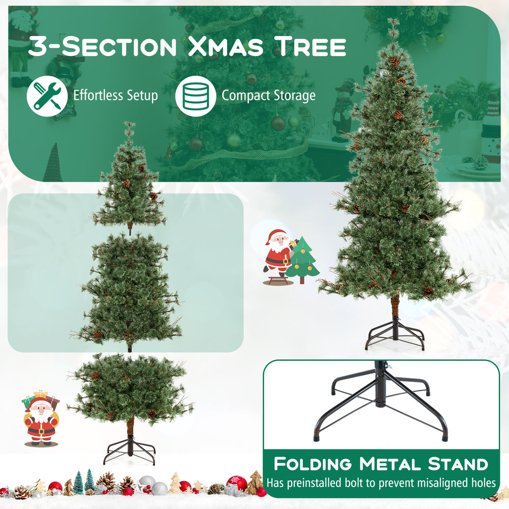 6-foot pre-lit artificial Christmas tree with warm white LED lights, pine cones, and a foldable metal stand for easy.