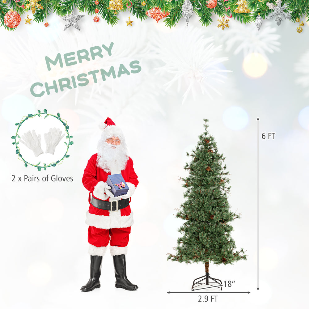 6-foot pre-lit artificial Christmas tree with warm white LED lights, pine cones, and foldable metal stand for easy.