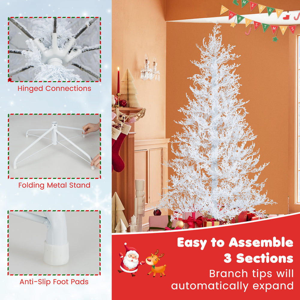 6 feet artificial Xmas tree with 383 PE branch tips and 300 LED lights, featuring hinged connections for easy assembly.