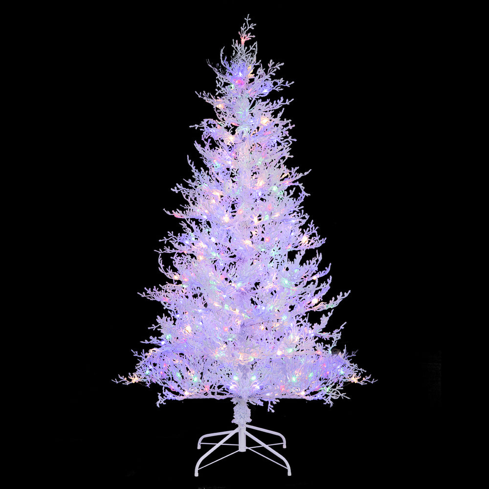 6 feet artificial Christmas tree with 383 white branch tips and 300 LED lights, perfect for festive holiday decor.