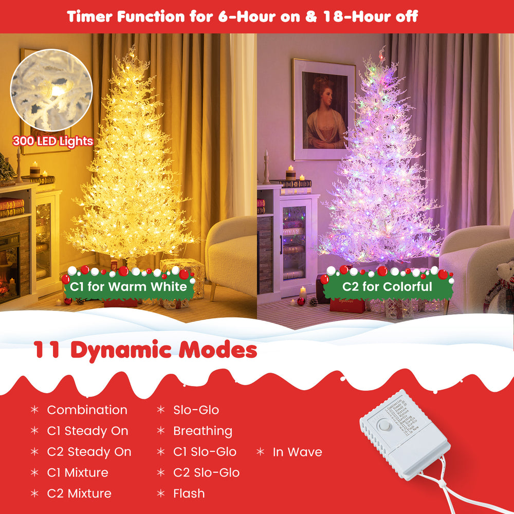 6 feet artificial Xmas tree with 300 LED lights in warm white and colorful, featuring 11 dynamic modes for festive.