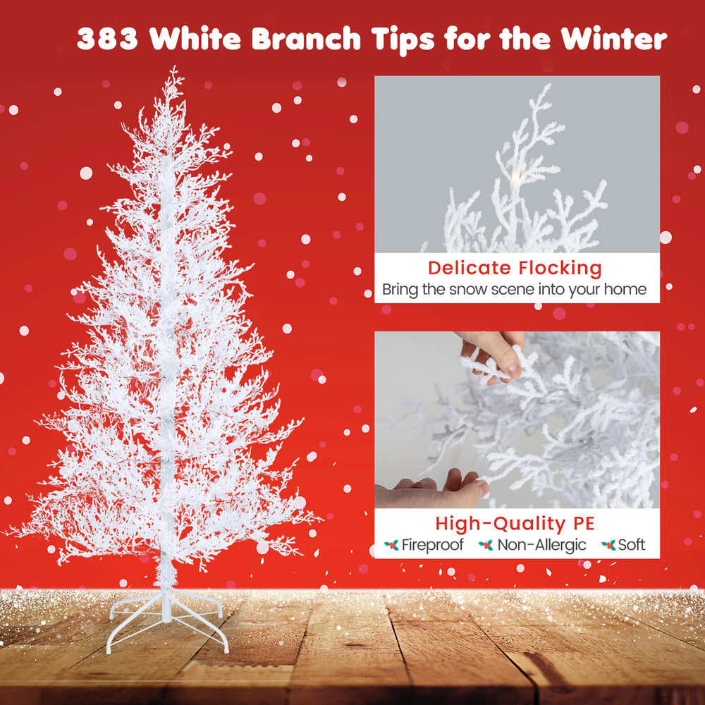 6 feet artificial Xmas tree with 383 white PE branch tips, delicate flocking, and 300 LED lights for festive decor.